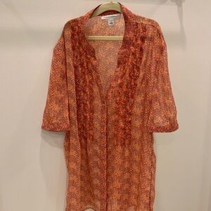 Banana Republic Orange Floral Sheer Chiffon button up v-neck Blouse Small coral